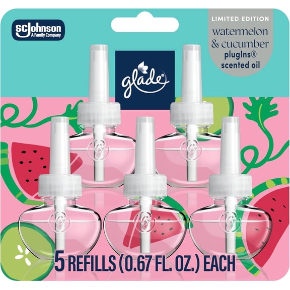 Glade PlugIns Refills Air Freshener, Watermelon & Cucumber, Scented and Essential Oils for Home and Bathroom, 0.67 Fl Oz, 5 Count
