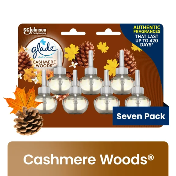 Glade PlugIns Refills Cashmere Woods Scent 7 Refills per Pack (2-Pack) | 14 Total Refills | Long-Lasting Scent | Essential Oil Infused | Odor Eliminator