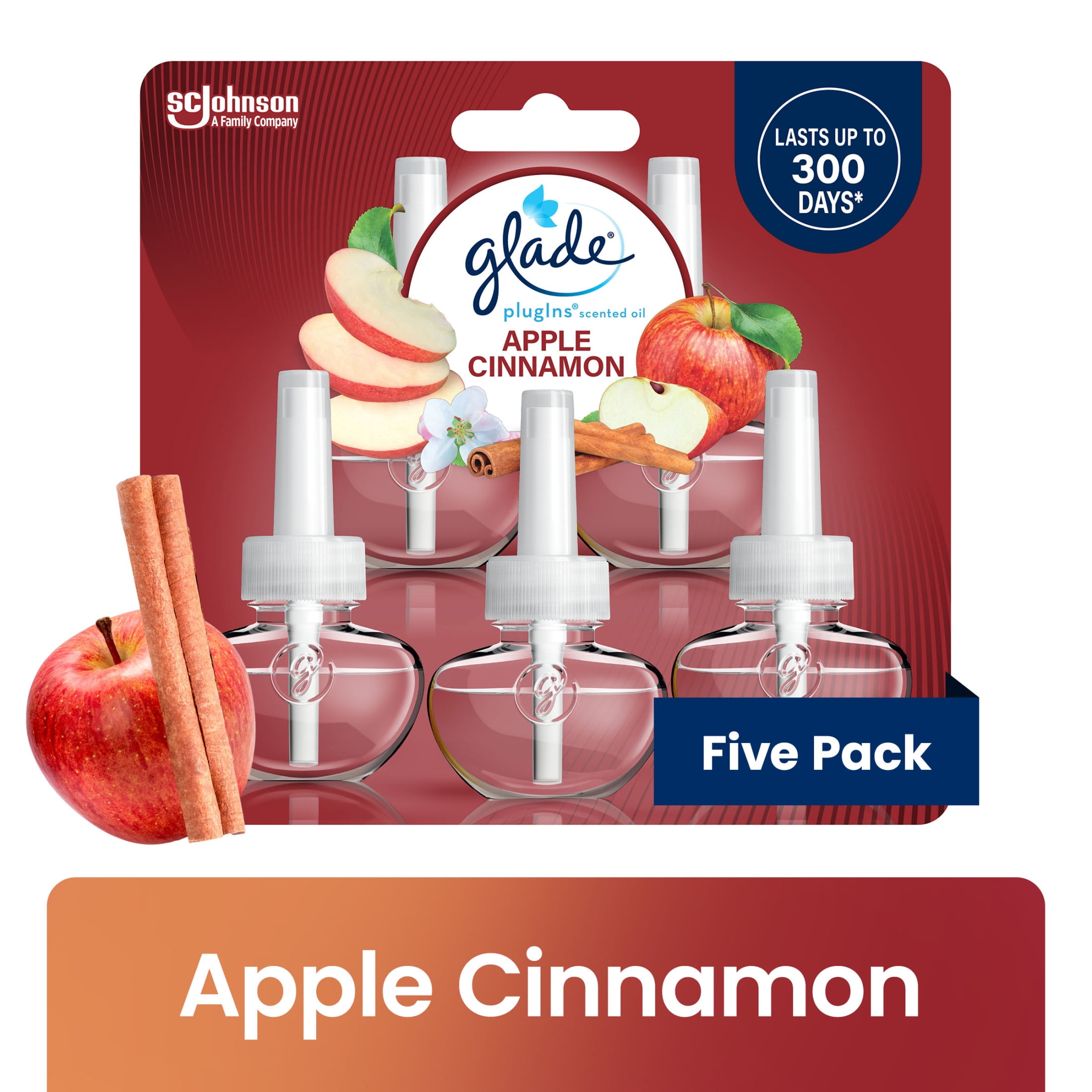 Glade PlugIns Scented Oil 5 Refills, Air Freshener, Apple Cinnamon, Essential Oil Infused Wall Plug In, 3.35 FL oz, Pack of 5