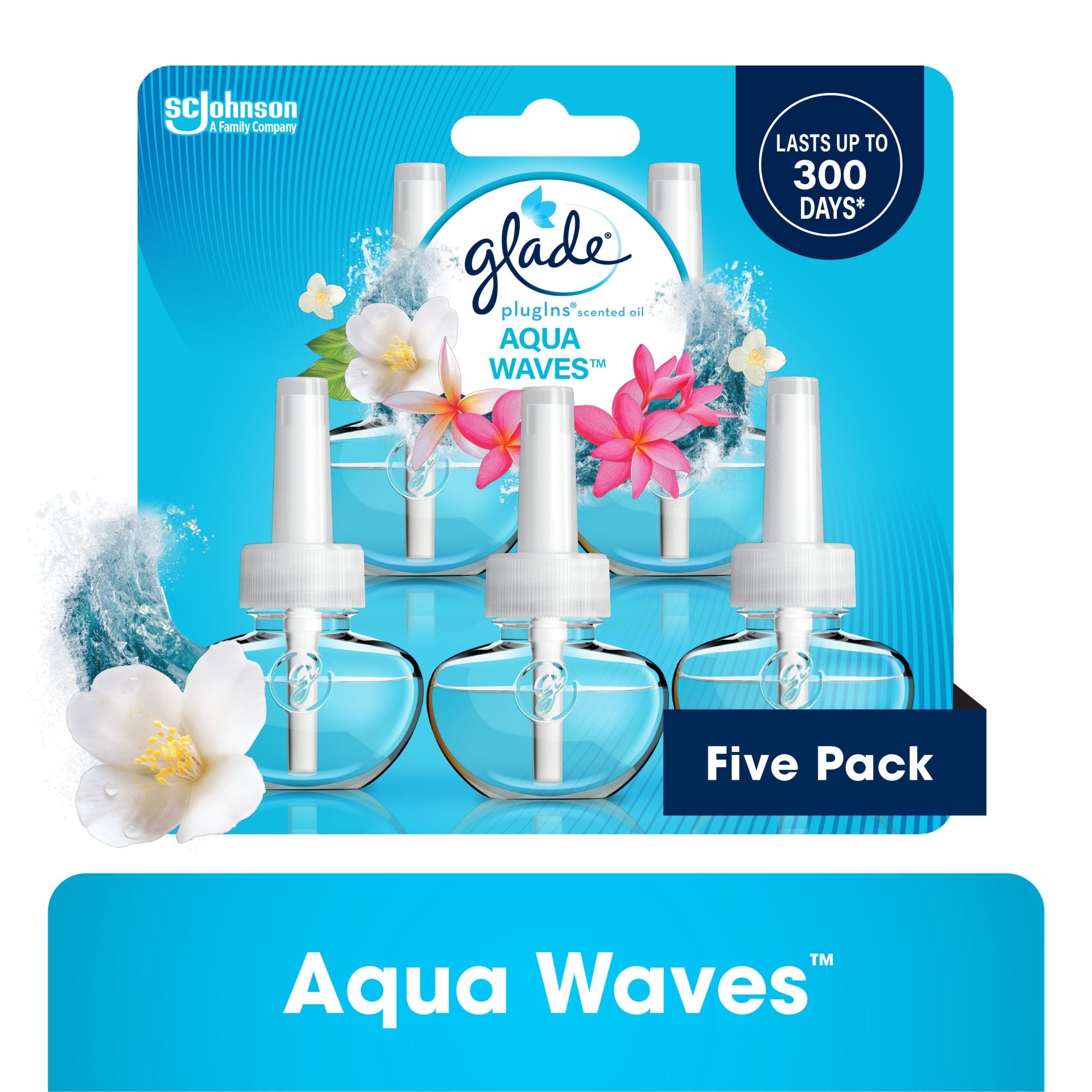 Glade PlugIns Scented Oil 5 Refills, Air Freshener, Aqua Waves, Essential Oil Infused Wall Plug In, 3.35 FL oz, Pack of 5