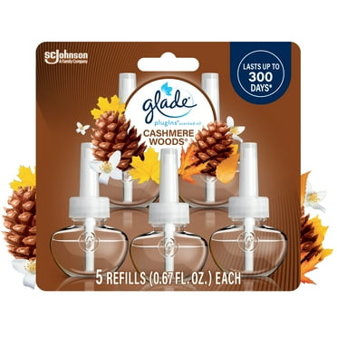 Glade PlugIns Scented Oil 5 Refills, Air Freshener, Cashmere Woods, Essential Oil Infused Wall Plug In, 3.35 FL oz, Pack of 5