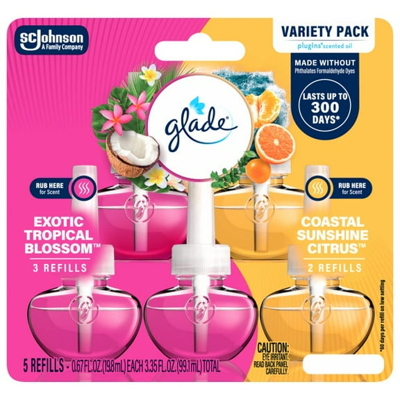 Glade PlugIns Scented Oil 5 Refills, Air Freshener, Exotic Tropical Blossom + Coastal Citrus Sunshine, Essential Oil Infused Wall Plug In, 3.35 FL oz, Pack of 5