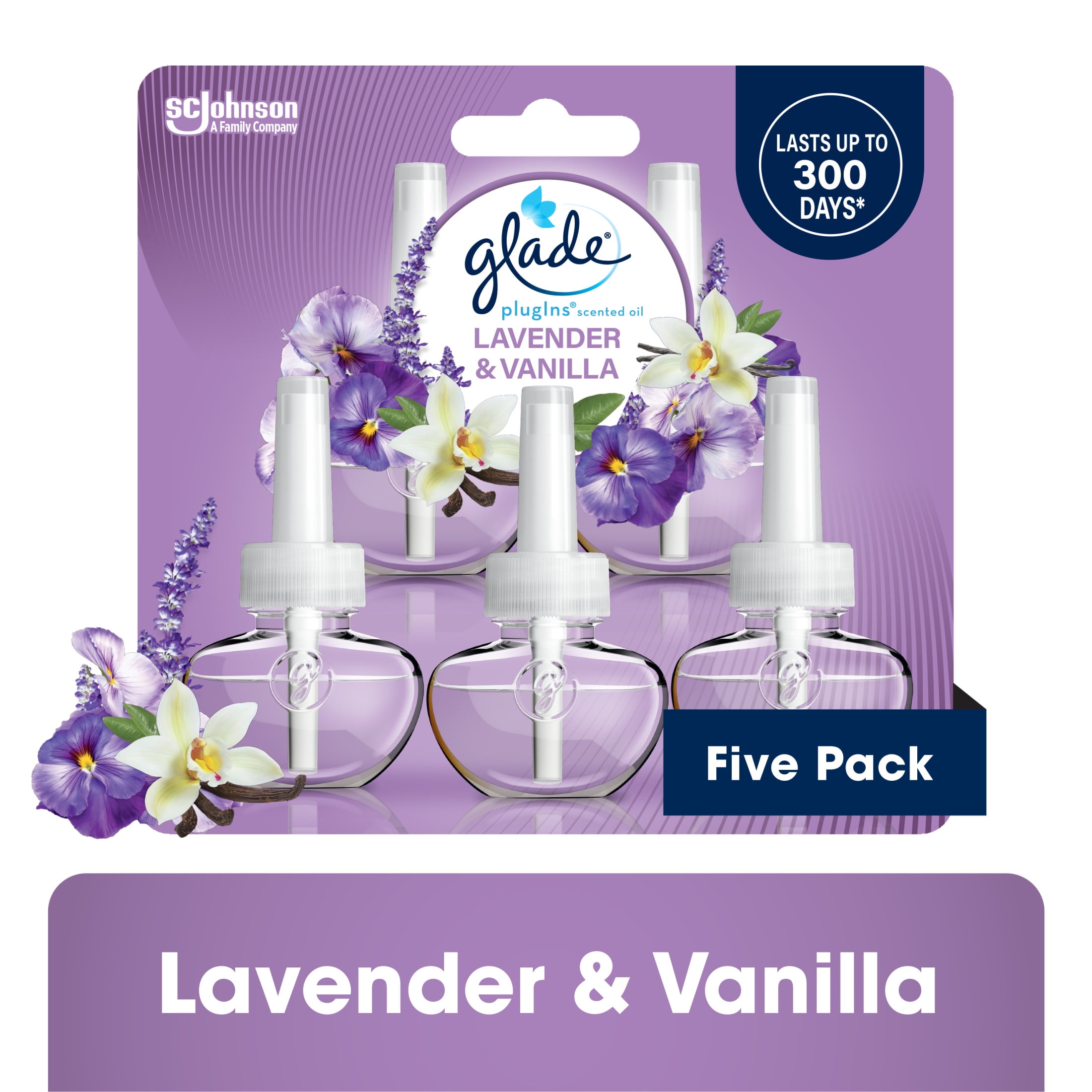 Glade PlugIns Scented Oil 5 Refills, Air Freshener, Lavender & Vanilla Fragrance, Essential Oil Infused Wall Plug In, 3.35 FL oz, Pack of 5