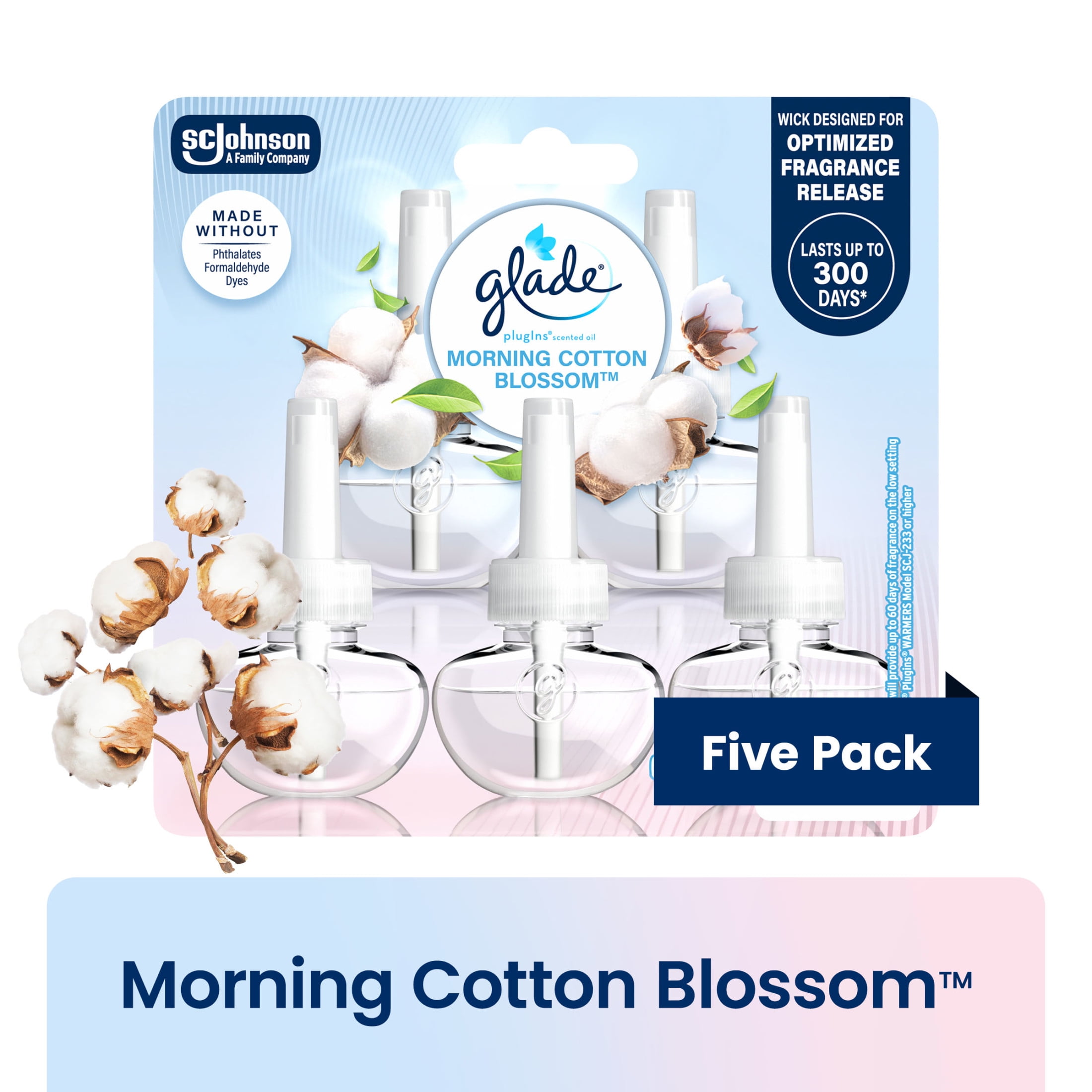 Glade PlugIns Scented Oil 5 Refills, Air Freshener, Morning Cotton Blossom, Essential Oil Infused Wall Plug In, 3.35 FL oz, Pack of 5