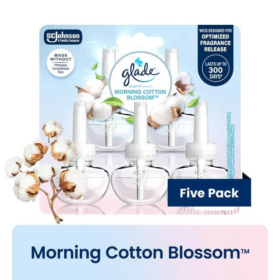 Glade PlugIns Scented Oil 5 Refills, Air Freshener, Morning Cotton Blossom™, Essential Oil Infused Wall Plug In, 3.35 FL oz, Pack of 5