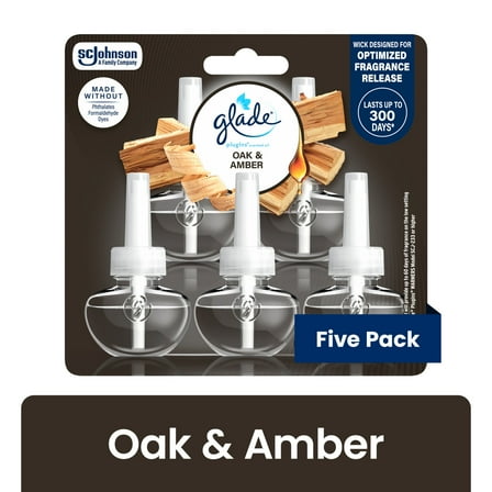 Glade Plugins Scented Oil Refills, Air Freshener, Oak & Amber, Essential Oil Infused Wall Plug In, 3.35 Fl Oz, Pack Of 5