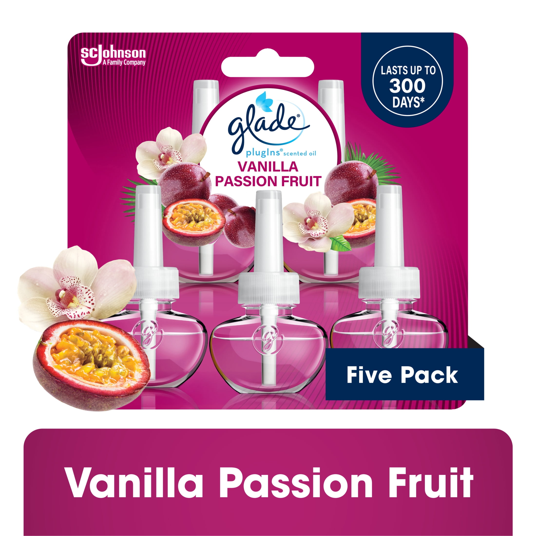 Glade PlugIns Scented Oil 5 Refills, Air Freshener, Vanilla Passion Fruit, Essential Oil Infused Wall Plug In, 3.35 FL oz, Pack of 5