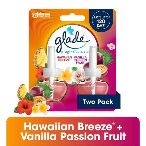 Glade PlugIns Scented Oil 2 Refills, Air Freshener, Hawaiian Breeze® & Vanilla Passion Fruit, Essential Oil Infused Wall Plug In, 1.34 FL oz, Pack of 2