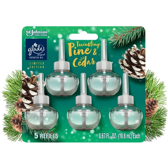 Glade PlugIns Air Freshener Refills, Twinkling Pine & Cedar, Fragrance Infused with Essential Oils, 0.67 oz, 5 Count