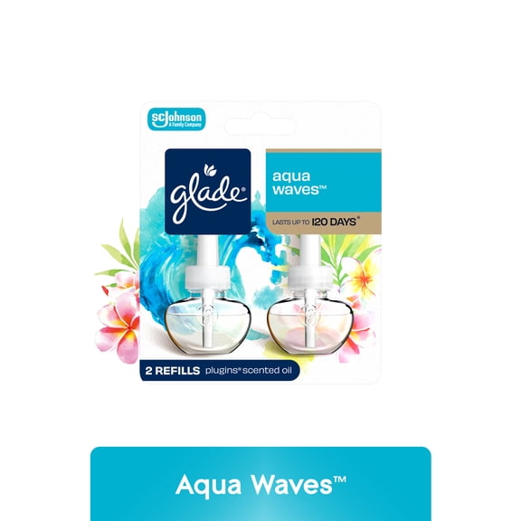 Glade PlugIns Scented Oil 2 Refills, Air Freshener, Aqua Waves,Essential Oil Infused Wall Plug In, 1.34 FL oz, Pack of 2