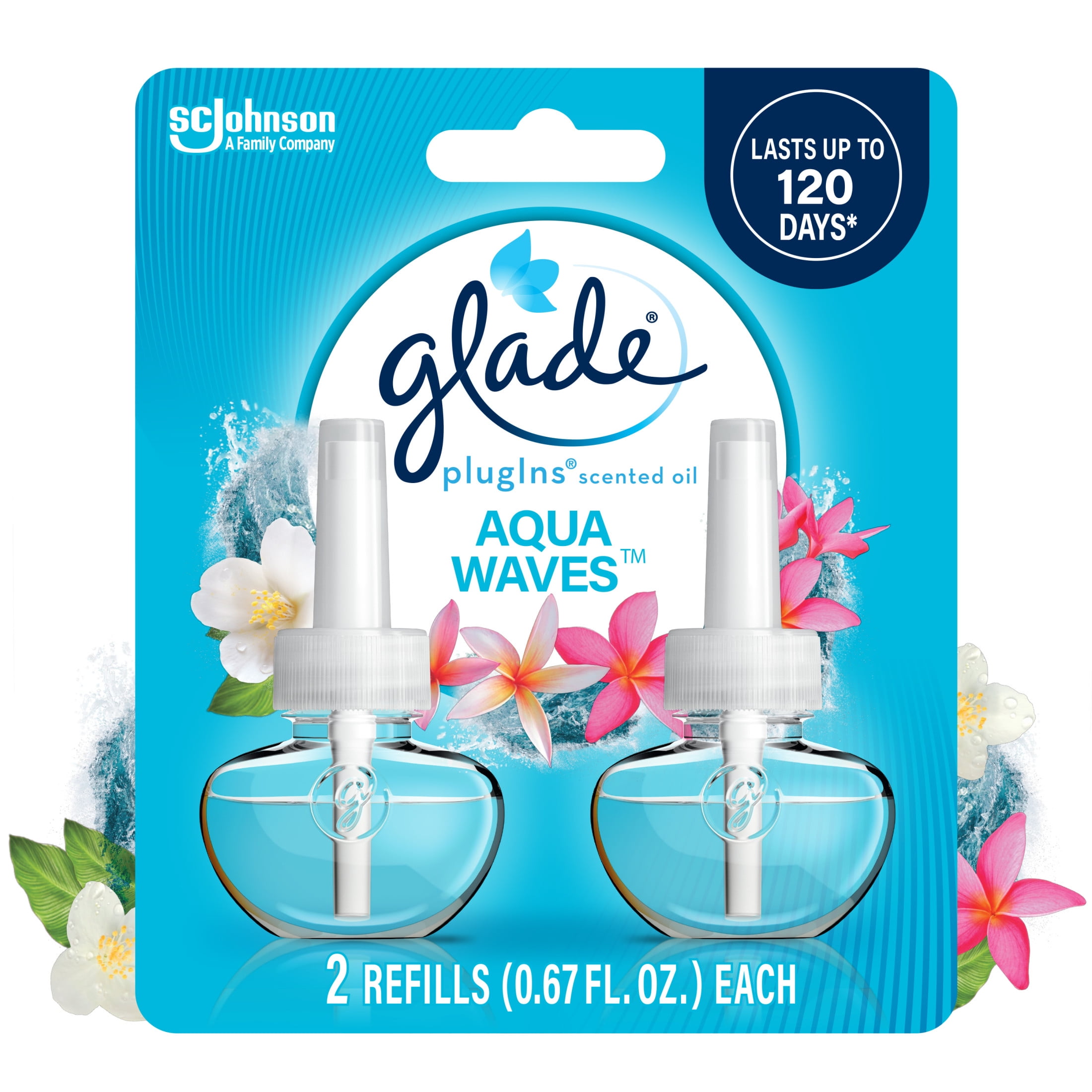 Glade PlugIns Scented Oil 2 Refills, Air Freshener, Aqua Waves,Essential Oil Infused Wall Plug In, 1.34 FL oz, Pack of 2