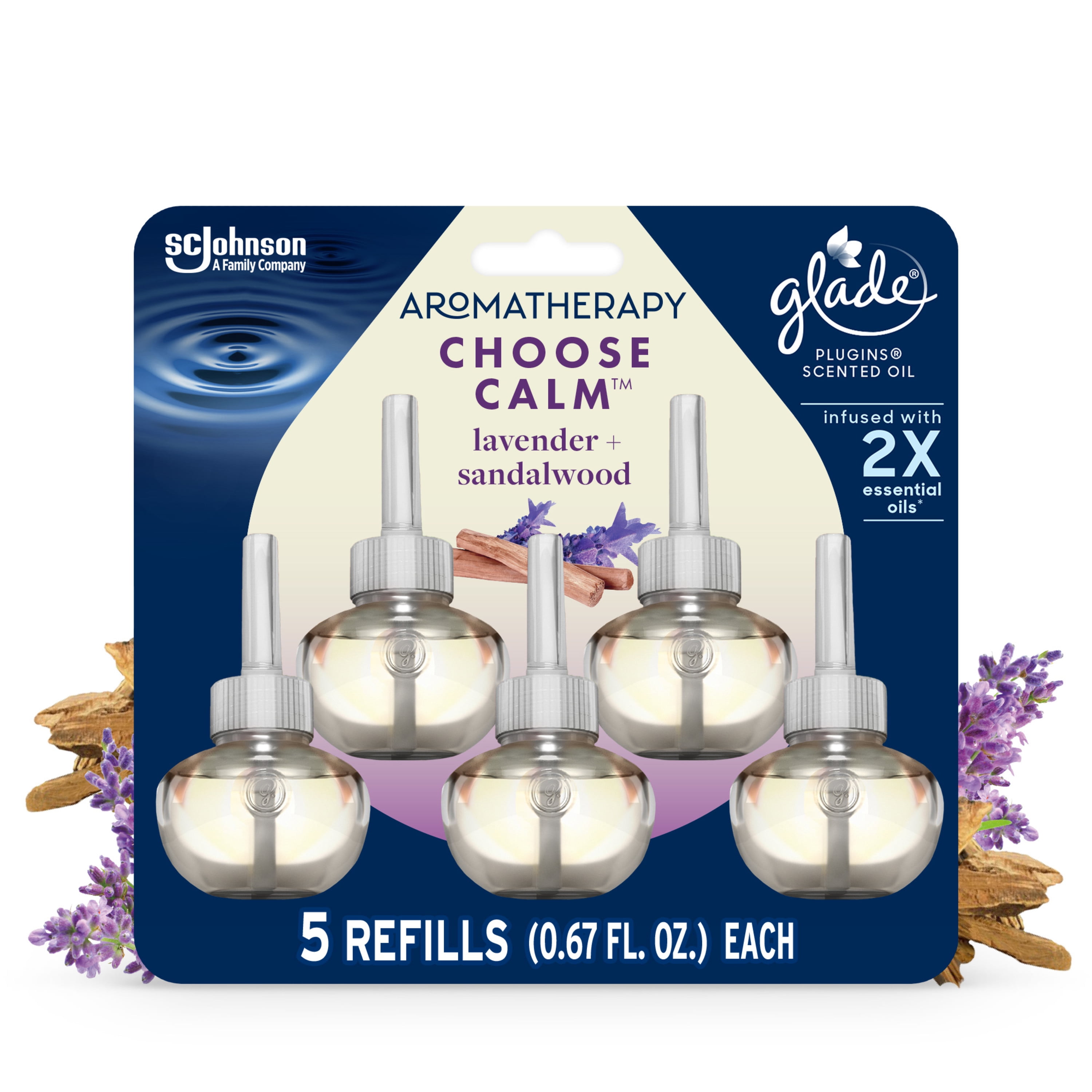 Glade PlugIns Scented Oil, Calm Scent with Notes of Lavender & Sandalwood, Infused with Essential Oils, 0.67 oz, 5 Count