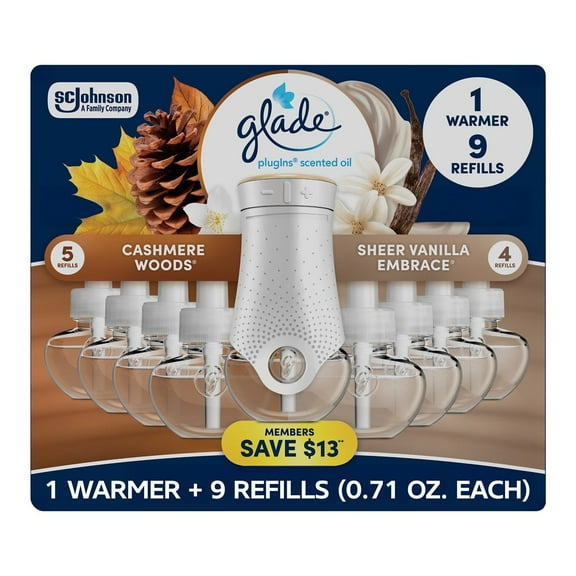 Glade PlugIns Scented Oil, Cashmere Woods w/ Vanilla Embrace, 1 Warmer, 9 Refill