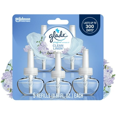 Glade PlugIns Scented Oil 5 Refills, Air Freshener, Clean Linen, Essential Oil Infused Wall Plug In, 3.35 FL oz, Pack of 5