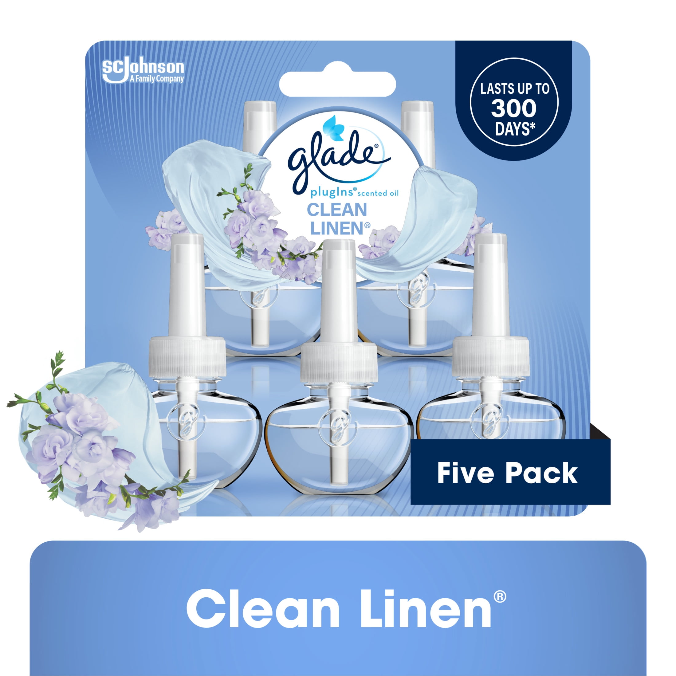 Glade PlugIns Scented Oil 5 Refills, Air Freshener, Clean Linen, Essential Oil Infused Wall Plug In, 3.35 FL oz, Pack of 5