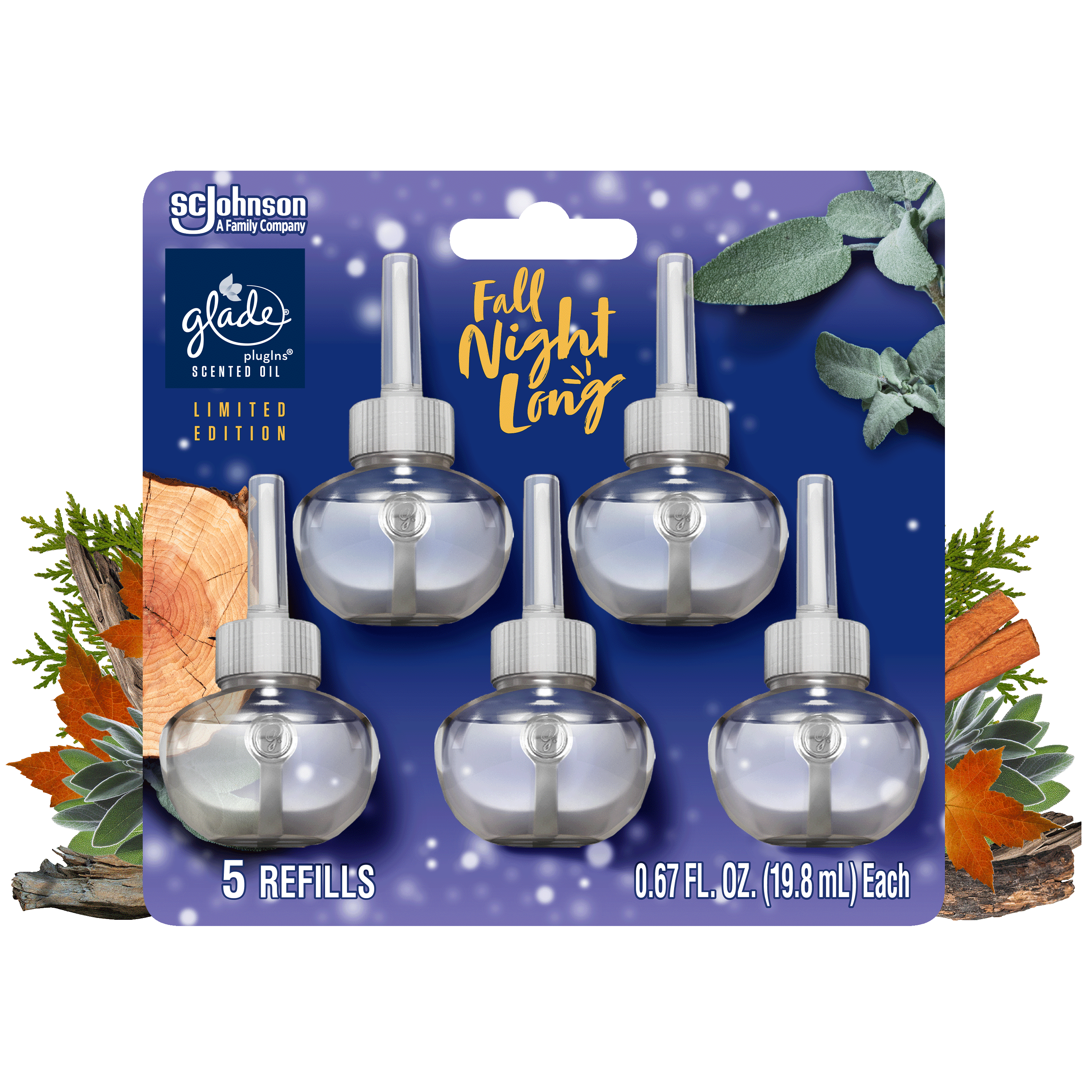 Glade PlugIns Scented Oil, Fall Night Long, Fragrance Infused with Essential Oils, 0.67 oz, 5 Count