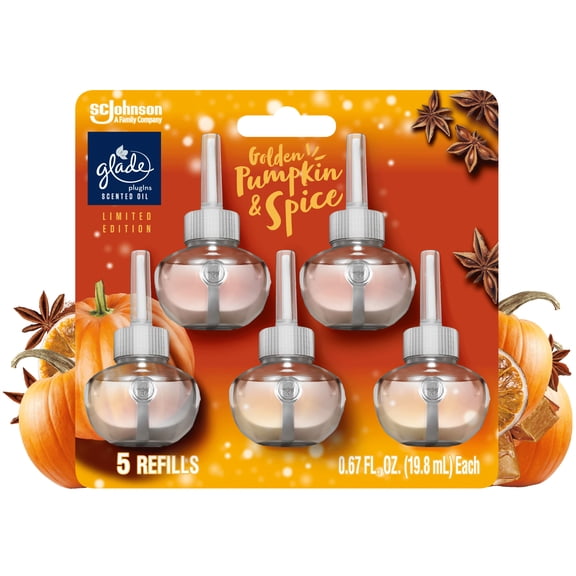 Glade PlugIns Air Freshener Refills, Golden Pumpkin Spice, Fragrance Infused with Essential Oils, 0.67 oz, 5 Count