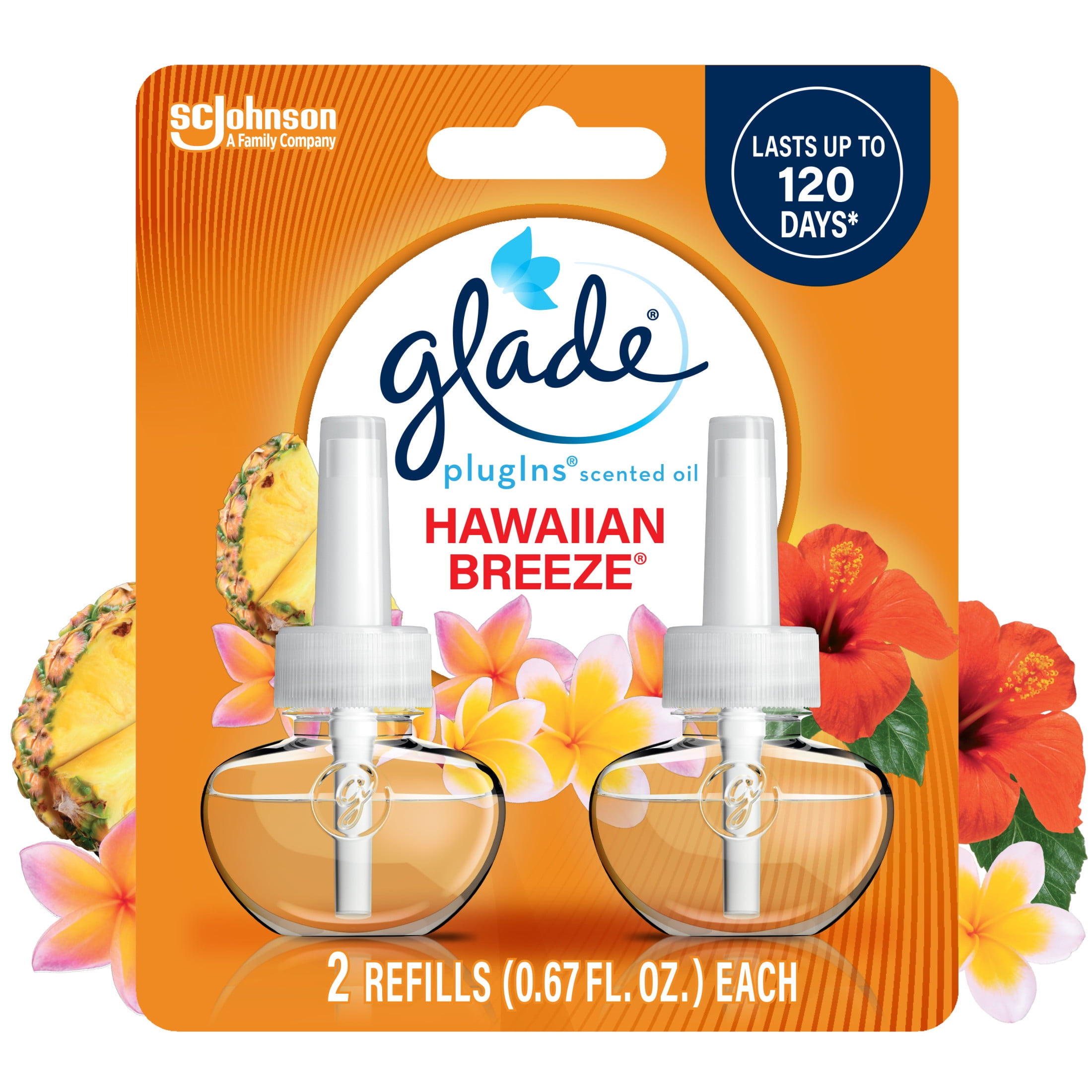 Glade PlugIns Scented Oil 2 Refills, Air Freshener, Hawaiian Breeze, Essential Oil Infused Wall Plug In, 1.34 FL oz, Pack of 2