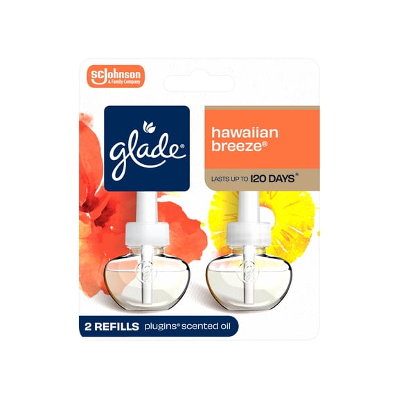 Glade PlugIns Scented Oil 2 Refills, Air Freshener, Hawaiian Breeze, Essential Oil Infused Wall Plug In, 1.34 FL oz, 2 Refills