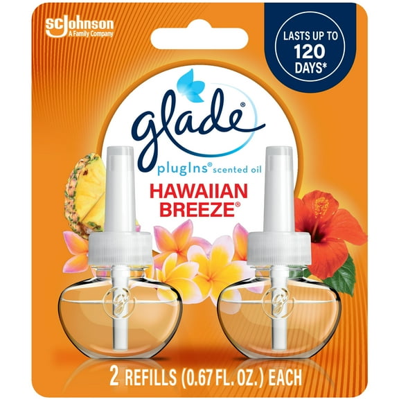 Glade PlugIns Scented Oil 2 Refills, Air Freshener, Hawaiian Breeze, Essential Oil Infused Wall Plug In, 1.34 FL oz, Pack of 2