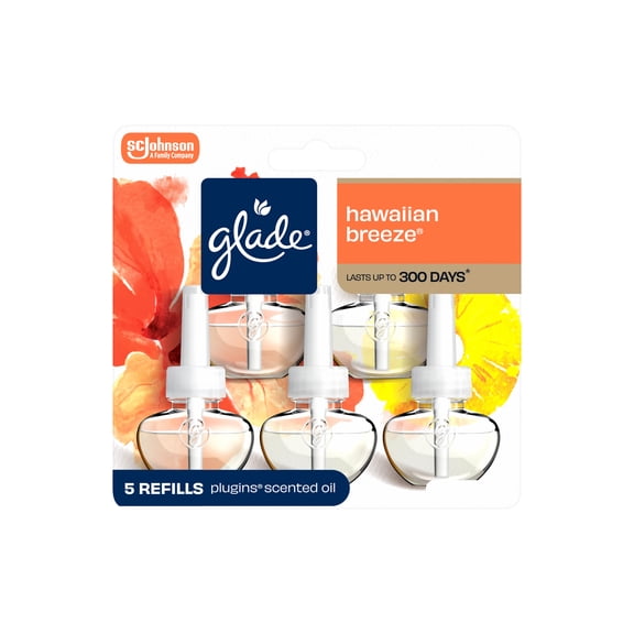 Glade PlugIns Scented Oil 5 Refills, Air Freshener, Hawaiian Breeze, Essential, Essential Oil Infused Wall Plug In, 3.35 FL oz, 5 Refills