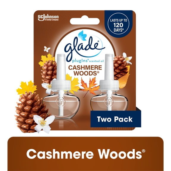 Glade PlugIns Scented Oil 2 Refills, Air Freshener, Cashmere Woods, Essential Oil Infused Wall Plug In, 1.34 FL oz, pack of 2