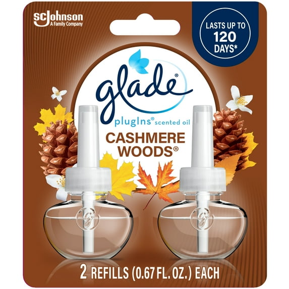 Glade PlugIns Scented Oil 2 Refills, Air Freshener, Cashmere Woods, Essential Oil Infused Wall Plug In, 1.34 FL oz, Pack of 2