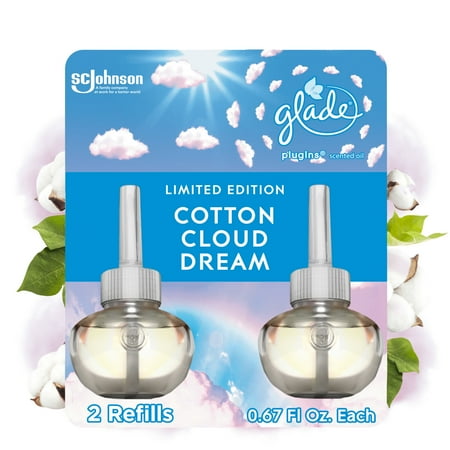 Glade PlugIns Scented Oil Refill, Cotton Cloud Dream Scent, Infused with Essential Oils, Spring Limited Edition Fragrance, Positive Vibes Collection, 0.67 oz, 2 Count.