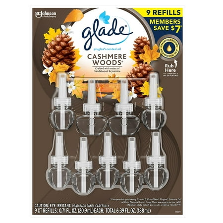 Glade PlugIns Scented Oil Refill, Essential Oil Infused Wall Plug In (Cashmere Woods) 9 Count