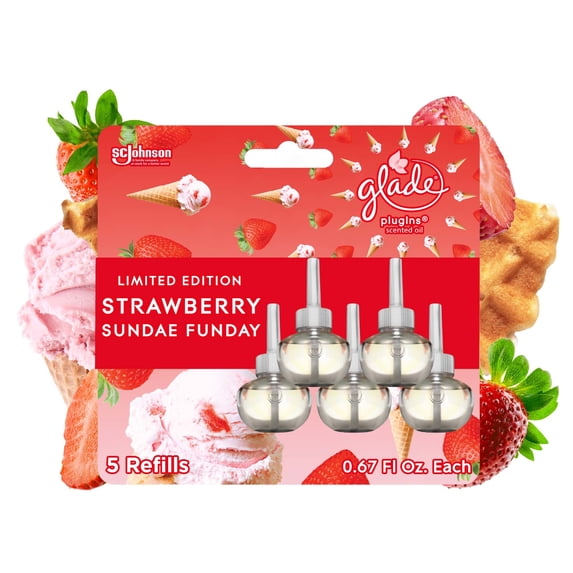 Glade PlugIns Scented Oil Refill, Strawberry Sundae Funday Scent, Infused with Essential Oils, Spring Limited Edition Fragrance, Positive Vibes Collection, 0.67 oz, 5 Count