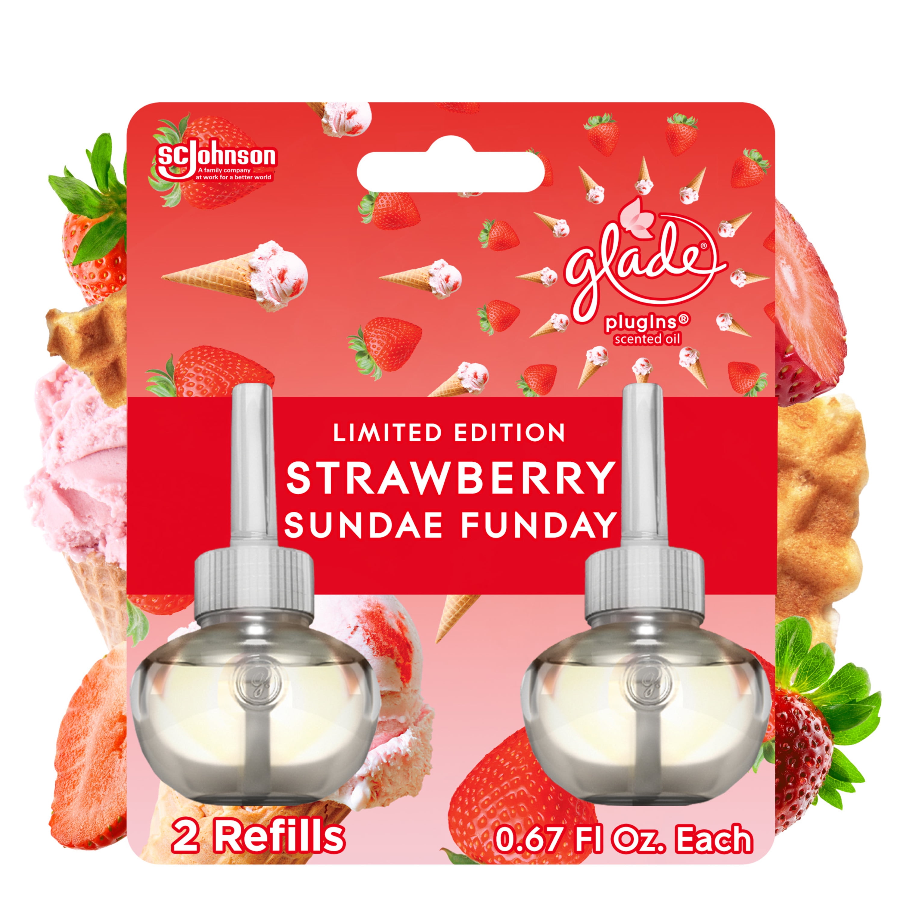 Glade PlugIns Scented Oil Refill, Strawberry Sundae Funday Scent, Infused with Essential Oils, Spring Limited Edition Fragrance, Positive Vibes Collection, 0.67 oz, 2 Count