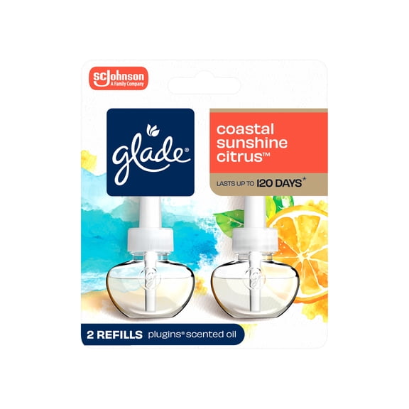 Glade PlugIns Scented Oil 2 Refills, Air Freshener, Coastal Sunshine Citrus™, Essential Oil Infused Wall Plug In, 1.34 FL oz, 2 Refills