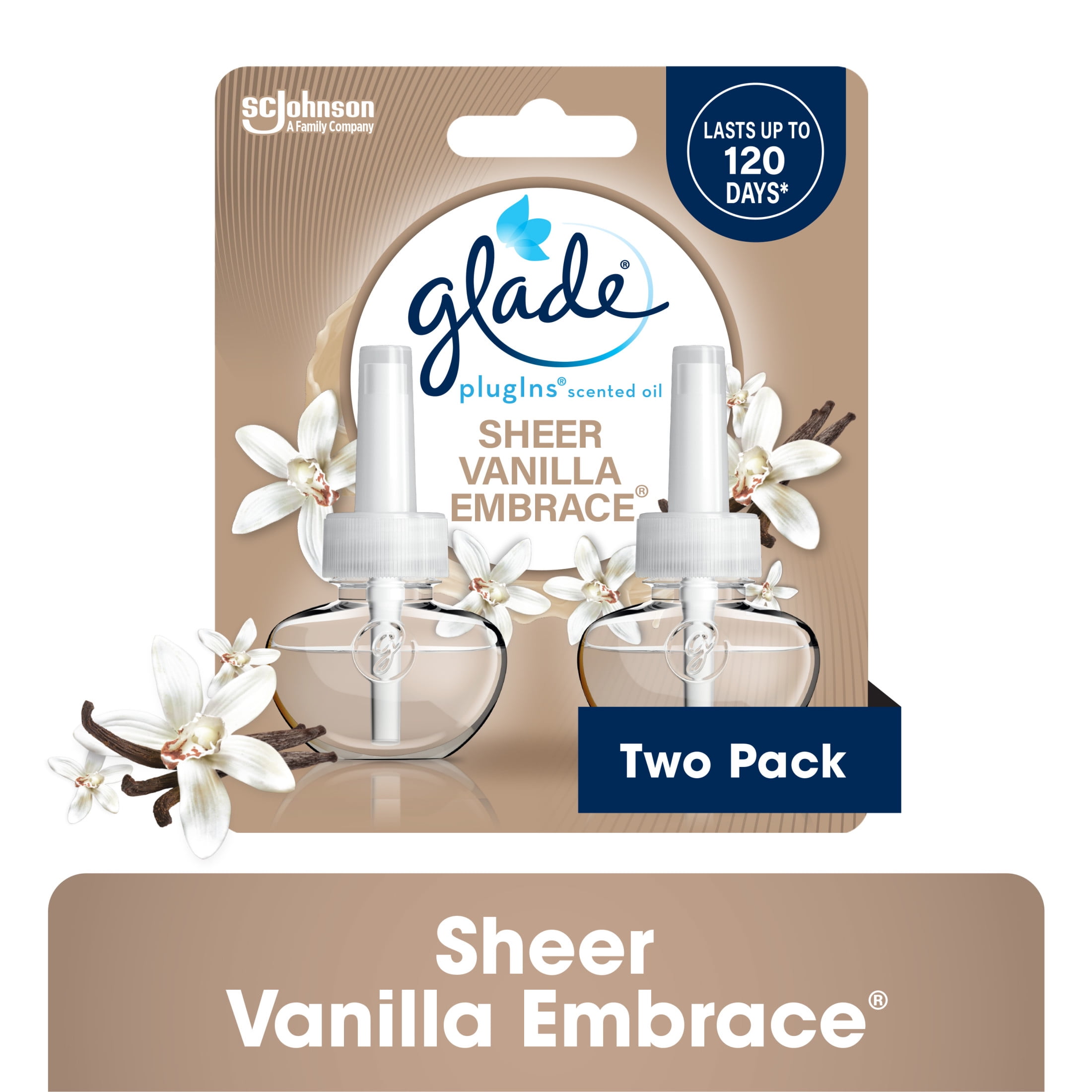 Glade PlugIns Scented Oil 2 Refills, Air Freshener, Sheer Vanilla Embrace, Essential Oil Infused Wall Plug In, 1.34 FL oz, Pack of 2