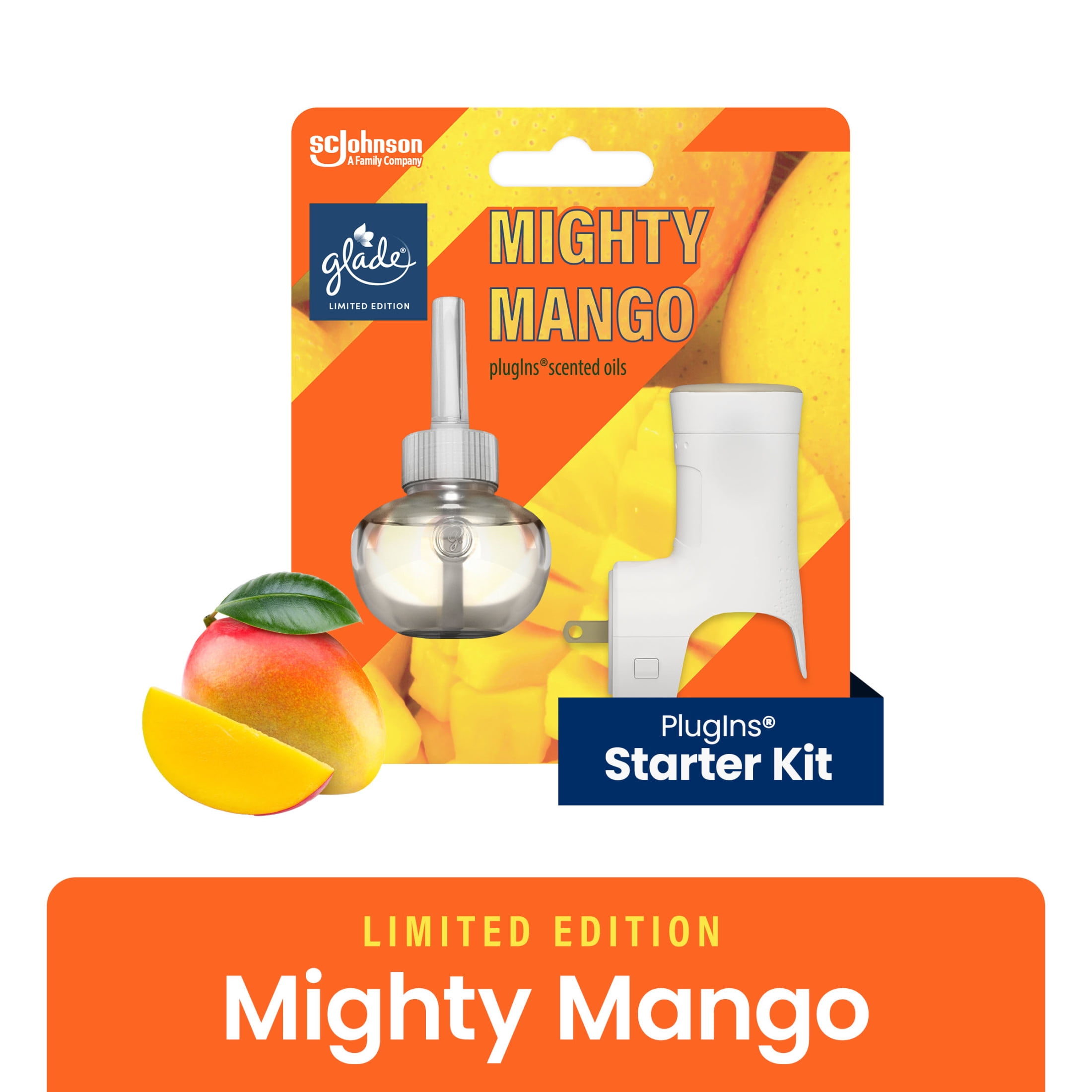 Glade PlugIns Scented Oil Starter Kit, 1 Warmer + 1 Refill,Mighty Mango, Infused with Essential Oils, 0.67 oz