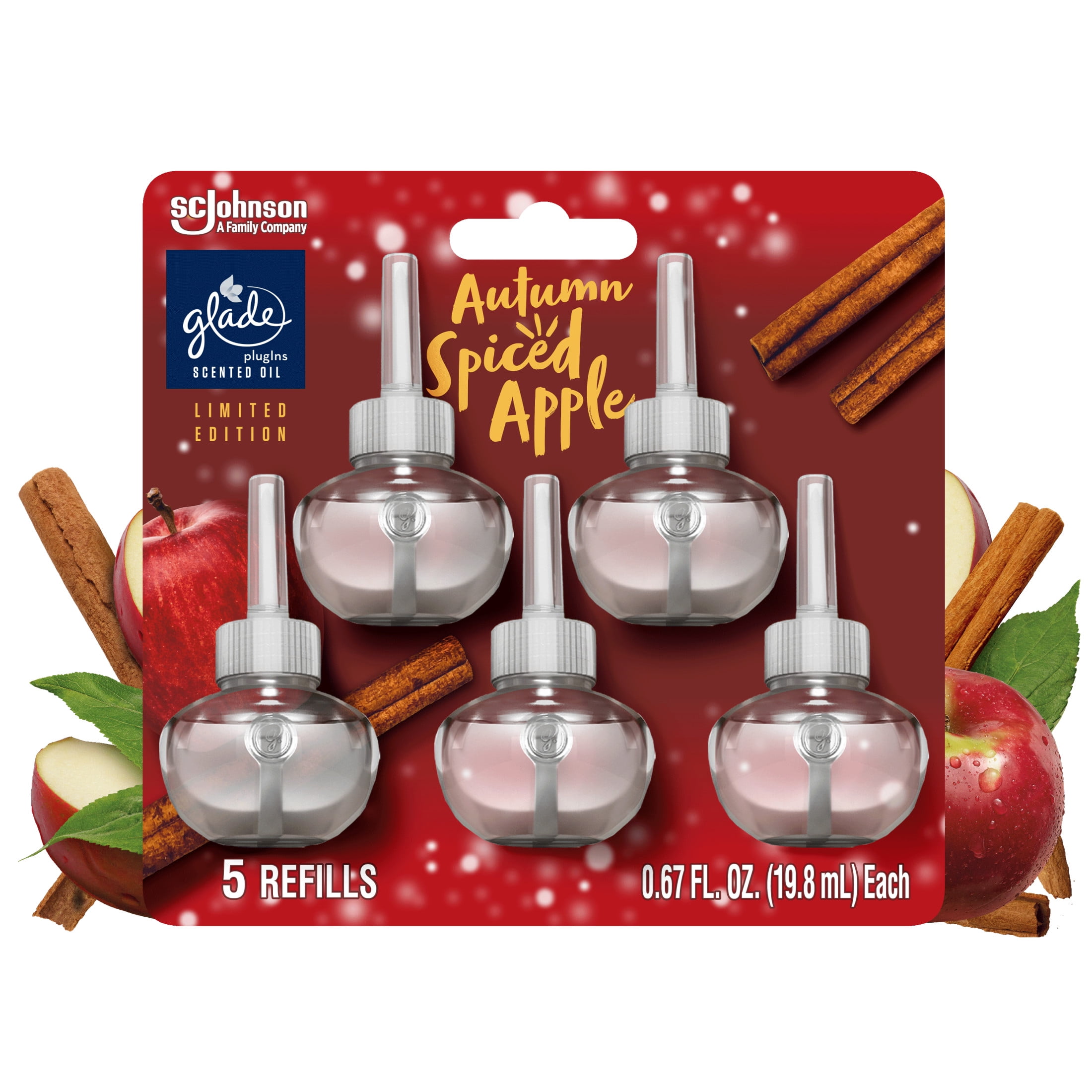 Glade PlugIns Scented Oil, Stocking Stuffers, Autumn Spiced Apple, Fragrance Infused with Essential Oils, 0.67 oz, 5 Count