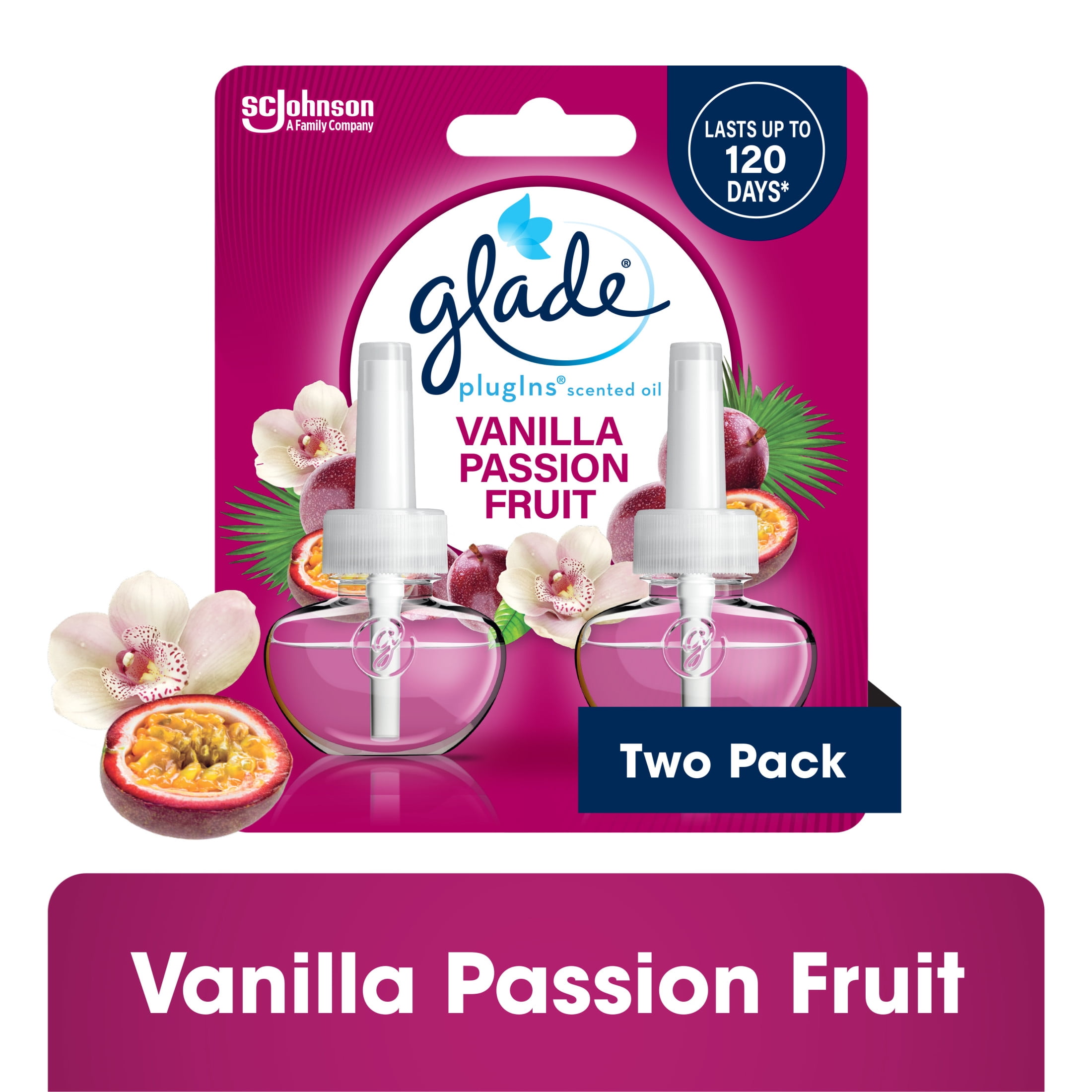 Glade PlugIns Scented Oil 2 Refills, Air Freshener, Vanilla Passion Fruit, Essential Oil Infused Wall Plug In, 1.34 FL oz, Pack of 2