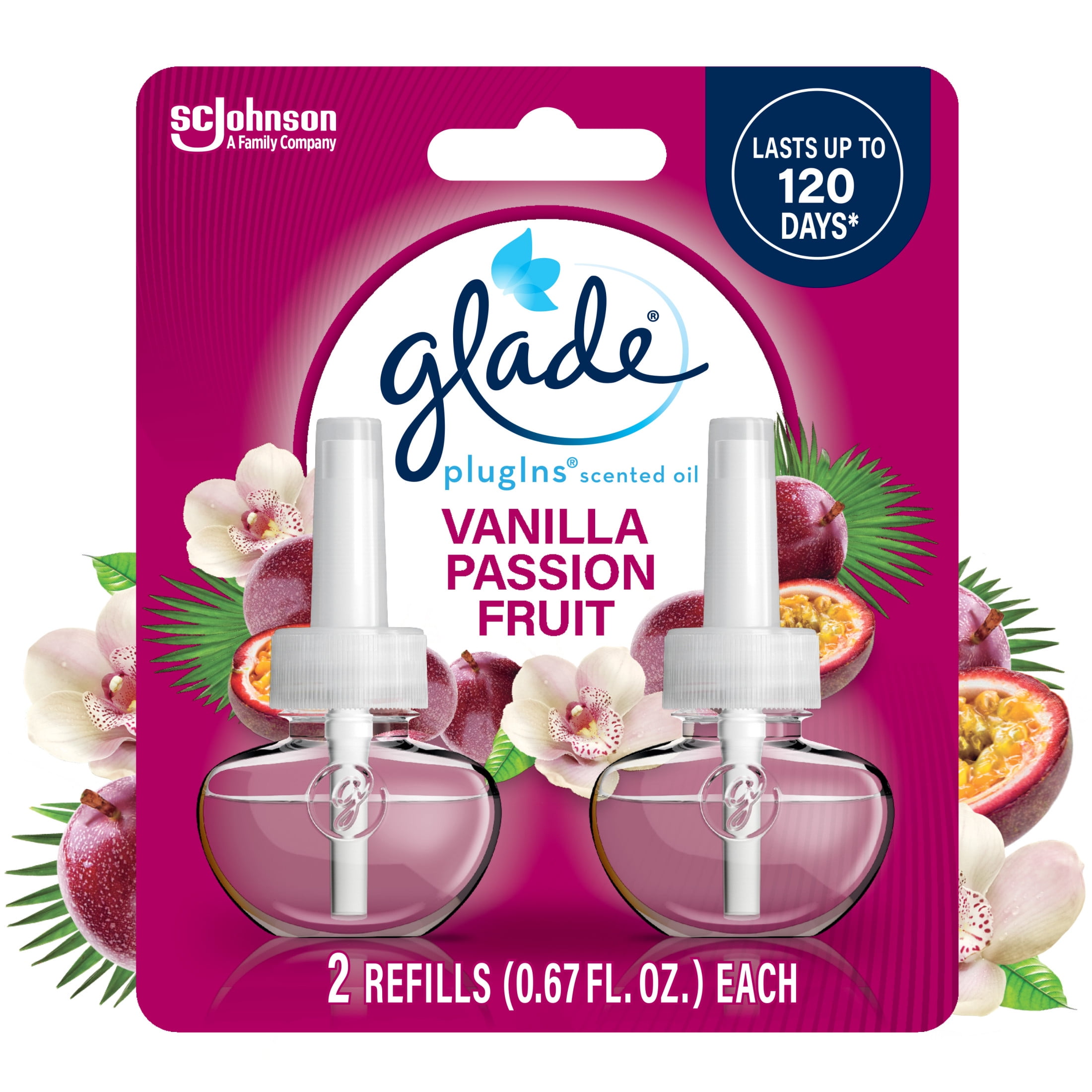 Glade PlugIns Scented Oil 2 Refills, Air Freshener, Vanilla Passion Fruit, Essential Oil Infused Wall Plug In, 1.34 FL oz, Pack of 2