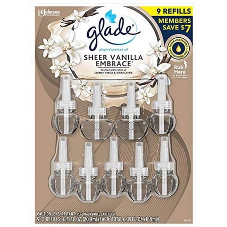 Glade PlugIns Scented Oil Warmers Sheer Vanilla Embrace Essential Oil Infused Wall Plug in, 6.39 Ounce, 9 Refills
