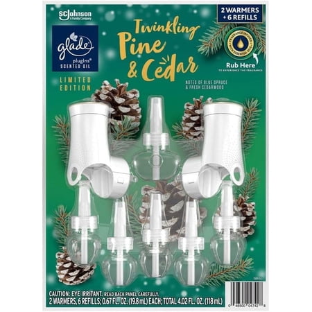 Glade PlugIns Scentred Oil, 2 Warmers + 6 Refills, Twinkling Pine & Cedar