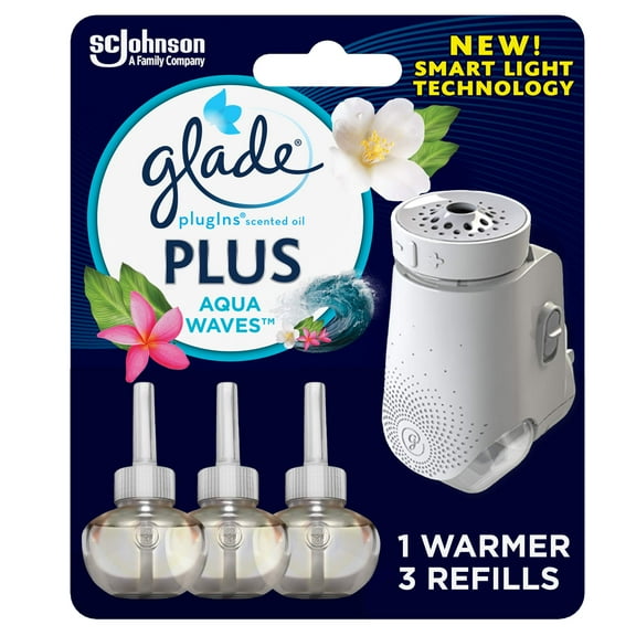 Glade Plugin Plus Air Freshener Starter Kit, Scented Oil For Home And Bathroom, Aqua Waves, 2.01 Fl Oz, 1 Warmer + 3 Refills