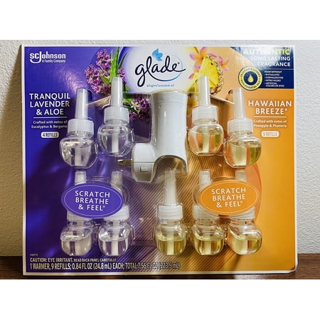 Glade Plugins Lavender Aloe & Hawaiian Breeze, 9 Scented Oil Refills and 1 Warmer