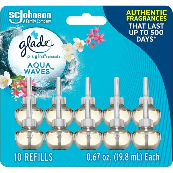 Glade PlugIns Refills Air Freshener, Scented And Essential Oils For Home And Bathroom, Aqua Waves, 6.7 Fl Oz, 10 Count
