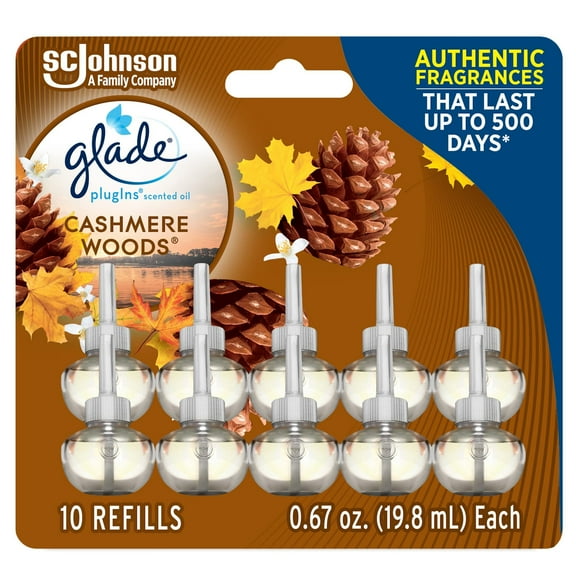 Glade Plugins Refills Air Freshener, Scented And Essential Oils For Home And Bathroom, Cashmere Woods, 6.7 Fl Oz, 10 Count (Packaging May Vary)