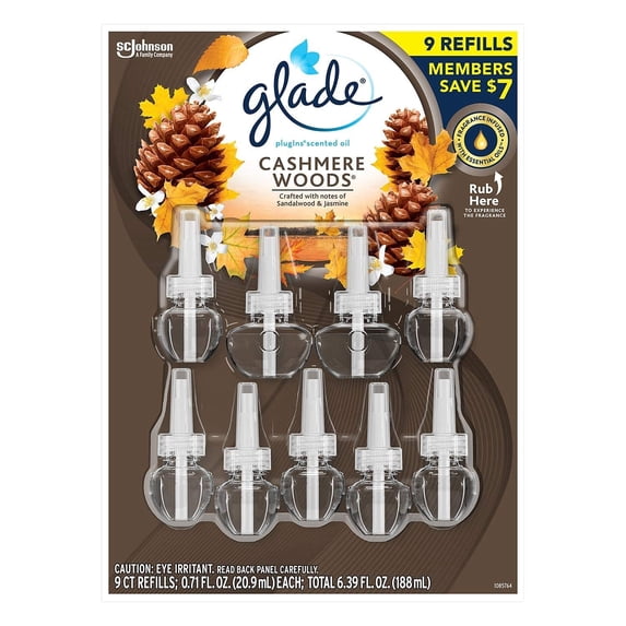 Glade Plugins Scented Oil Refill, Essential Oil Infused Wall Plug In, 6.39 Fl. Oz, 9 Ct. (Cashmere Woods)