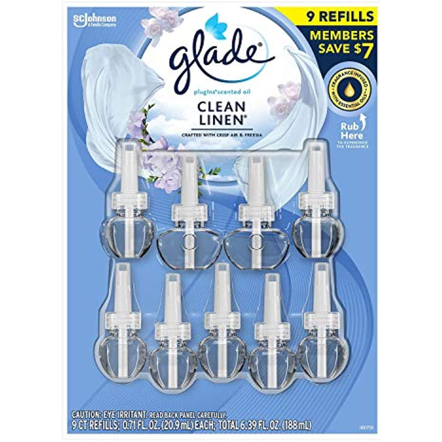Glade Plugins Scented Oil Refill, Essential Oil Infused Wall Plug In, 6.39 Fl. Oz, 9 Ct. (Clean Line)