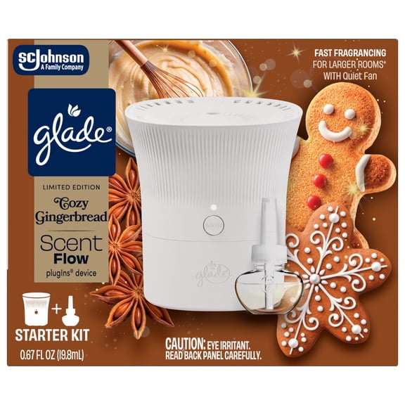 Glade Scent Flow PlugIns Air Freshener Starter Kit, Cozy Gingerbread, 1 Device + 1 Refill, 0.67 fl oz