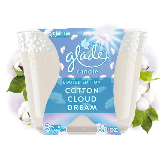 Glade Scented Candle Jar, 3-Wick Candle, Cotton Cloud Dream Scent, Infused with Essential Oils, Spring Limited Edition Fragrance, Positive Vibes Collection, 1 Candle, 6.8 Oz