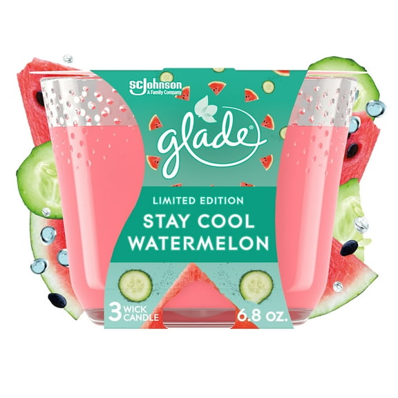 Glade Scented Candle Jar, 3-Wick Candle, Stay Cool Watermelon Scent, Infused with Essential Oils, Spring Limited Edition Fragrance, Positive Vibes Collection, 1 Candle, 6.8 Oz