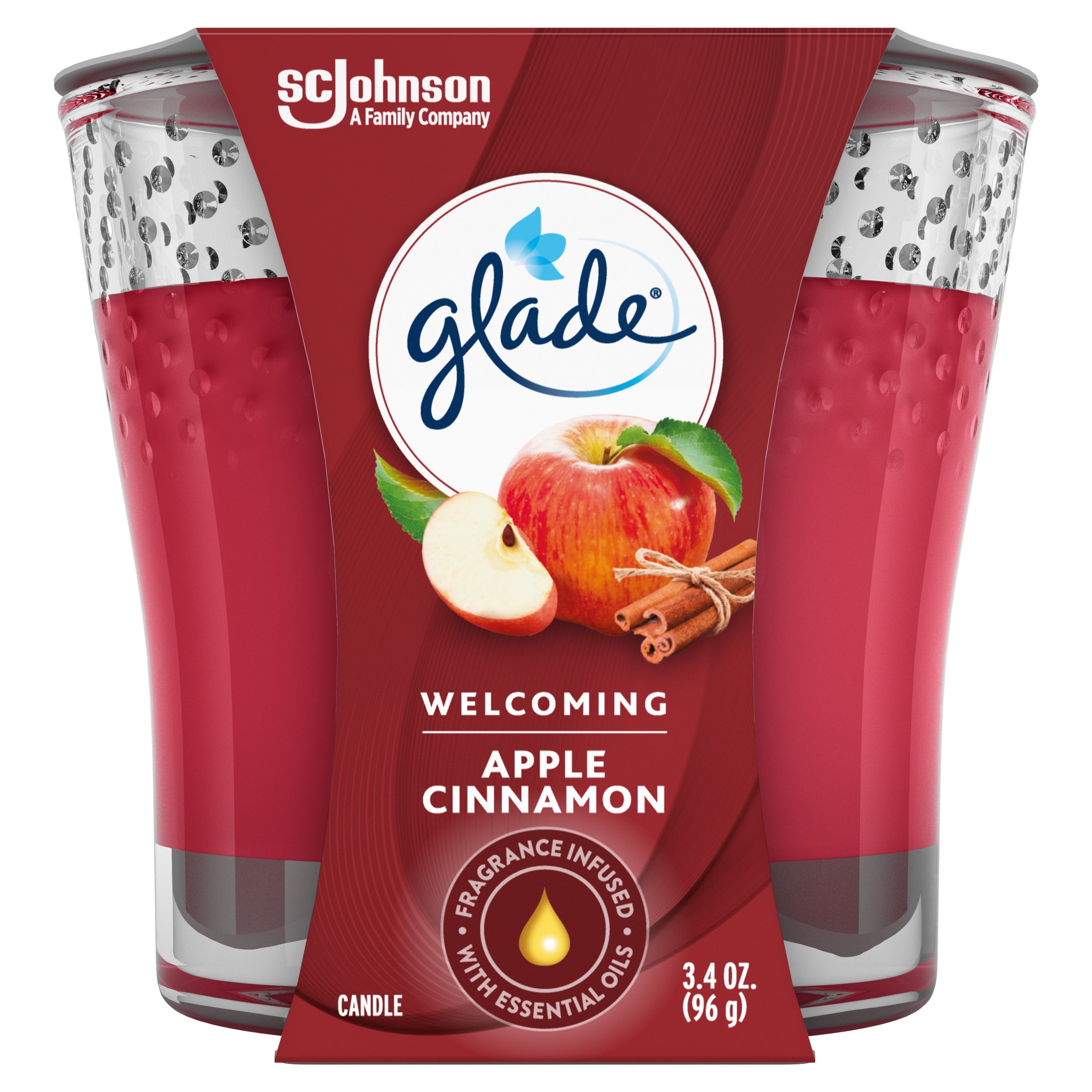 Glade Scented Candle Jar, Apple Cinnamon, Fragrance Infused with Essential Oils, 3.4 oz, 96 g
