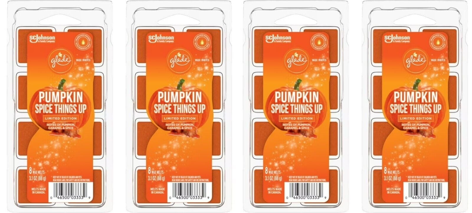 Glade Wax Melts Air Freshener, Scented Candles with Essential Oils for Home and Bathroom, Pumpkin Spice things Up, 4 Packs